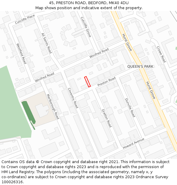 45, PRESTON ROAD, BEDFORD, MK40 4DU: Location map and indicative extent of plot