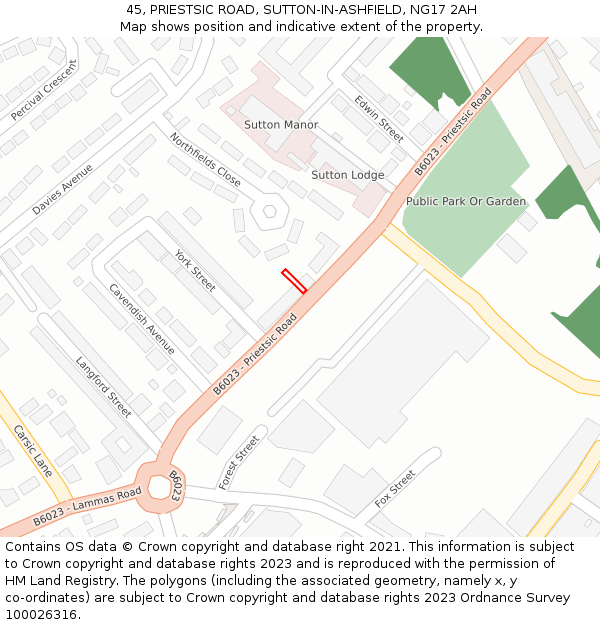 45, PRIESTSIC ROAD, SUTTON-IN-ASHFIELD, NG17 2AH: Location map and indicative extent of plot