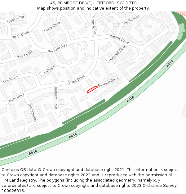 45, PRIMROSE DRIVE, HERTFORD, SG13 7TG: Location map and indicative extent of plot