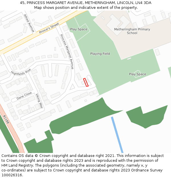 45, PRINCESS MARGARET AVENUE, METHERINGHAM, LINCOLN, LN4 3DA: Location map and indicative extent of plot