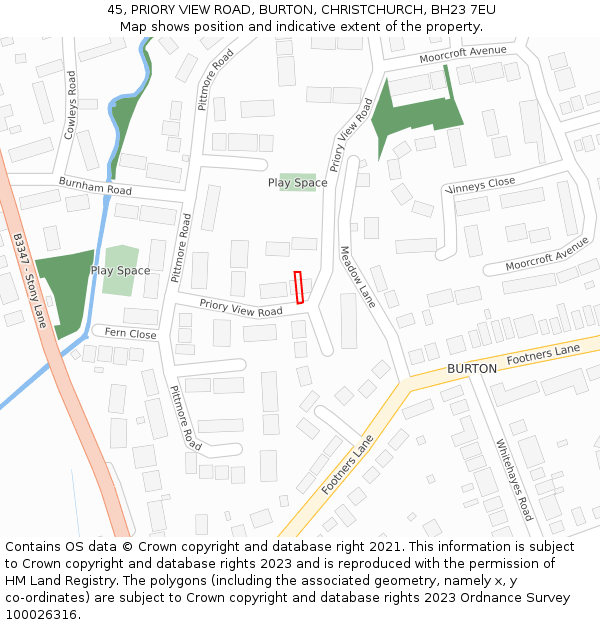 45, PRIORY VIEW ROAD, BURTON, CHRISTCHURCH, BH23 7EU: Location map and indicative extent of plot