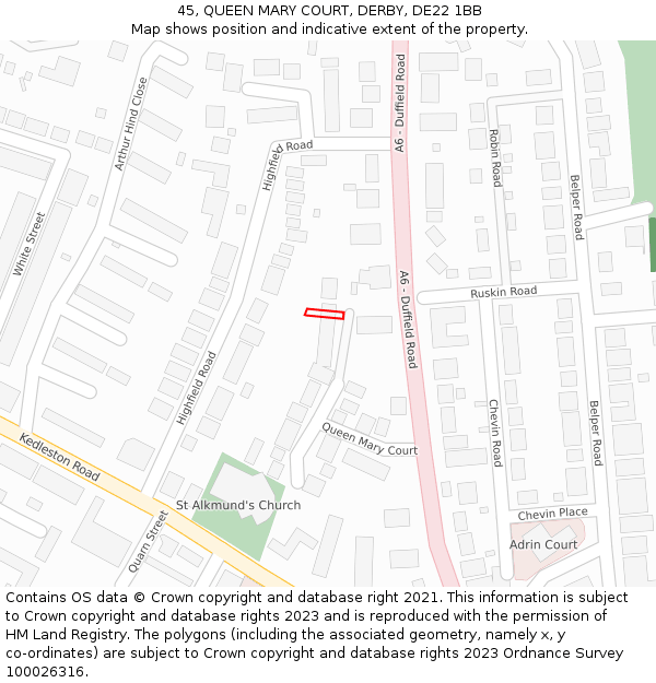 45, QUEEN MARY COURT, DERBY, DE22 1BB: Location map and indicative extent of plot