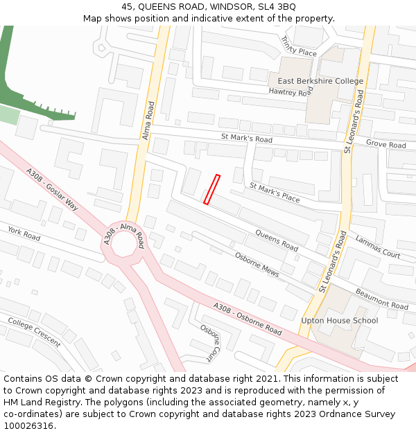45, QUEENS ROAD, WINDSOR, SL4 3BQ: Location map and indicative extent of plot