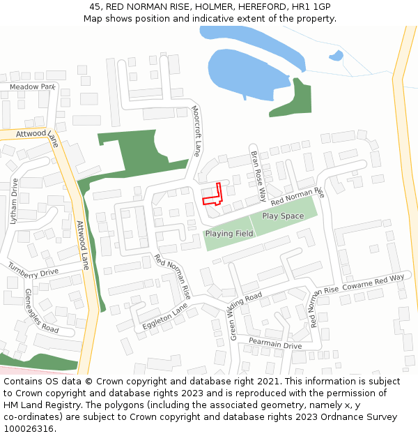 45, RED NORMAN RISE, HOLMER, HEREFORD, HR1 1GP: Location map and indicative extent of plot