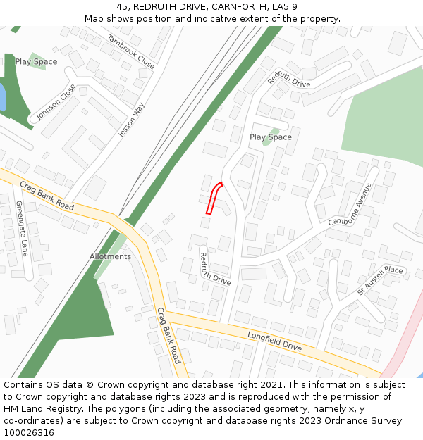 45, REDRUTH DRIVE, CARNFORTH, LA5 9TT: Location map and indicative extent of plot
