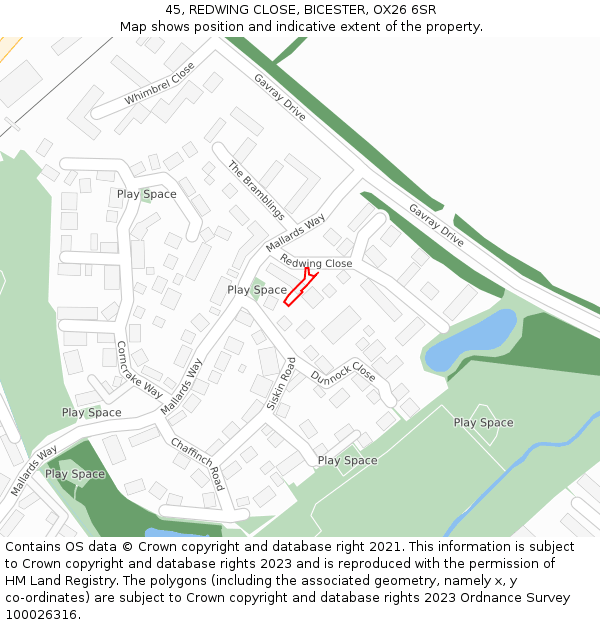 45, REDWING CLOSE, BICESTER, OX26 6SR: Location map and indicative extent of plot