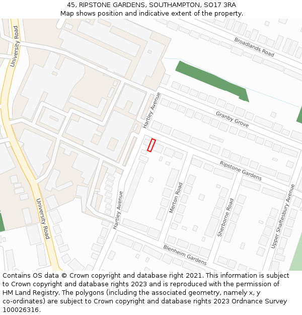 45, RIPSTONE GARDENS, SOUTHAMPTON, SO17 3RA: Location map and indicative extent of plot