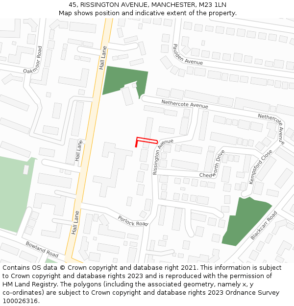 45, RISSINGTON AVENUE, MANCHESTER, M23 1LN: Location map and indicative extent of plot