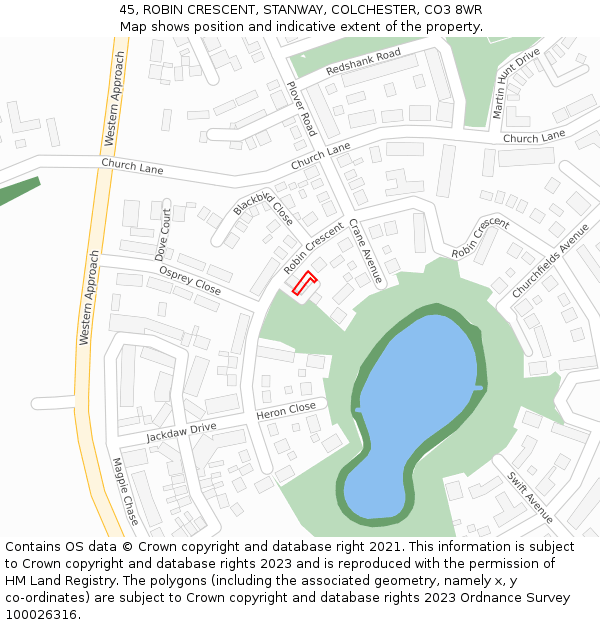 45, ROBIN CRESCENT, STANWAY, COLCHESTER, CO3 8WR: Location map and indicative extent of plot