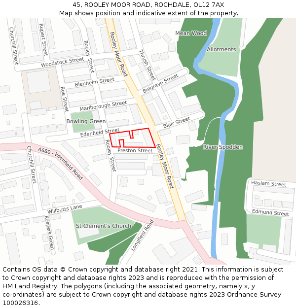 45, ROOLEY MOOR ROAD, ROCHDALE, OL12 7AX: Location map and indicative extent of plot