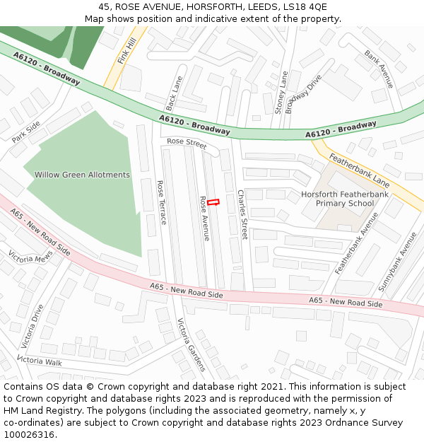 45, ROSE AVENUE, HORSFORTH, LEEDS, LS18 4QE: Location map and indicative extent of plot