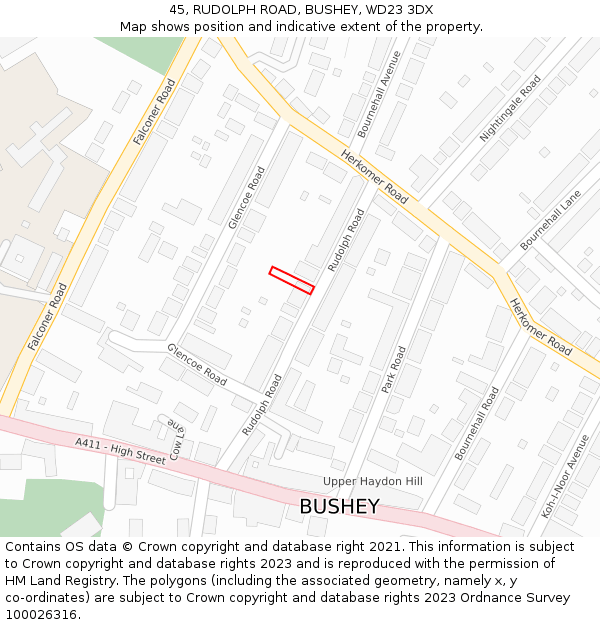 45, RUDOLPH ROAD, BUSHEY, WD23 3DX: Location map and indicative extent of plot