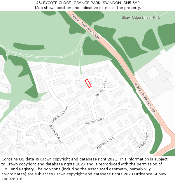 45, RYCOTE CLOSE, GRANGE PARK, SWINDON, SN5 6AP: Location map and indicative extent of plot
