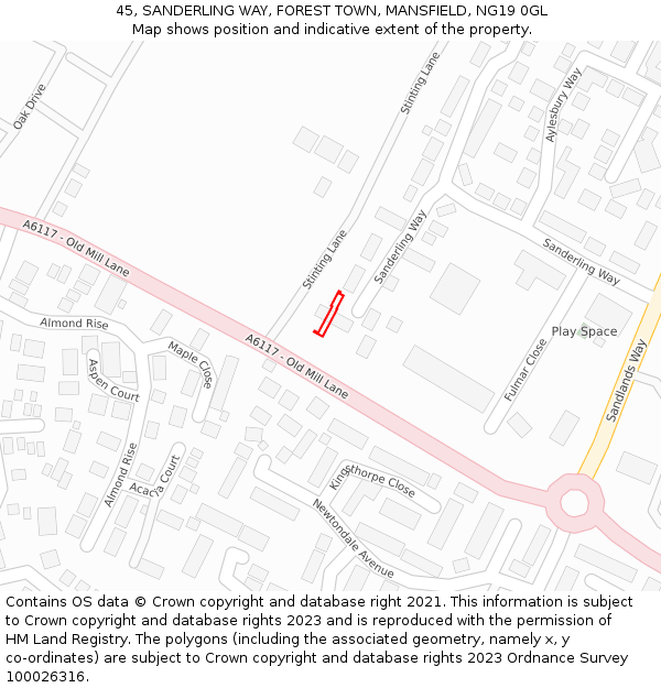 45, SANDERLING WAY, FOREST TOWN, MANSFIELD, NG19 0GL: Location map and indicative extent of plot