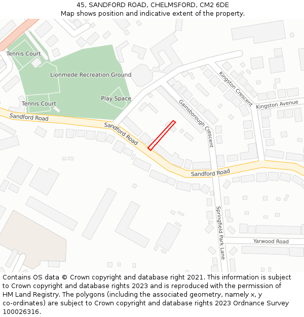 45, SANDFORD ROAD, CHELMSFORD, CM2 6DE: Location map and indicative extent of plot