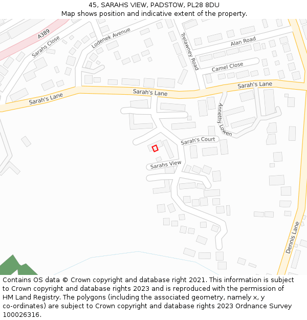 45, SARAHS VIEW, PADSTOW, PL28 8DU: Location map and indicative extent of plot