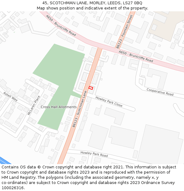 45, SCOTCHMAN LANE, MORLEY, LEEDS, LS27 0BQ: Location map and indicative extent of plot