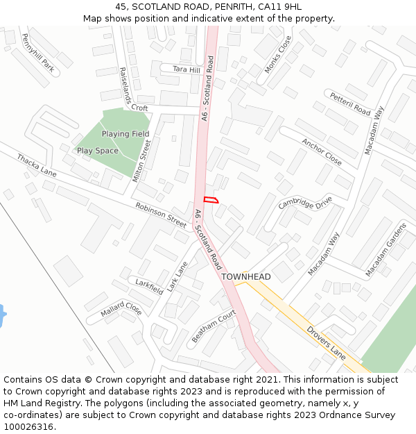 45, SCOTLAND ROAD, PENRITH, CA11 9HL: Location map and indicative extent of plot