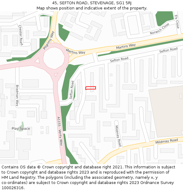 45, SEFTON ROAD, STEVENAGE, SG1 5RJ: Location map and indicative extent of plot