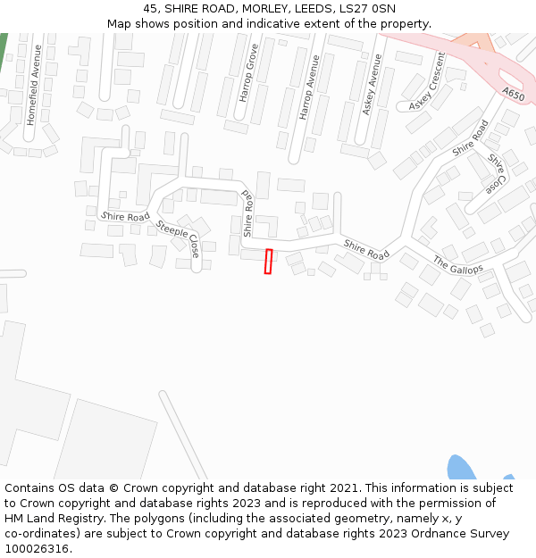 45, SHIRE ROAD, MORLEY, LEEDS, LS27 0SN: Location map and indicative extent of plot