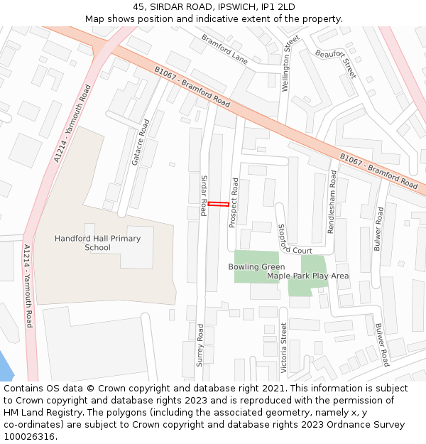 45, SIRDAR ROAD, IPSWICH, IP1 2LD: Location map and indicative extent of plot