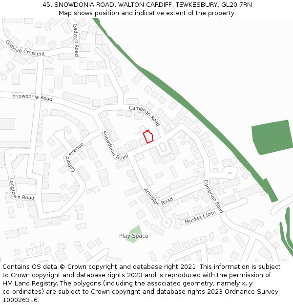 45, SNOWDONIA ROAD, WALTON CARDIFF, TEWKESBURY, GL20 7RN: Location map and indicative extent of plot