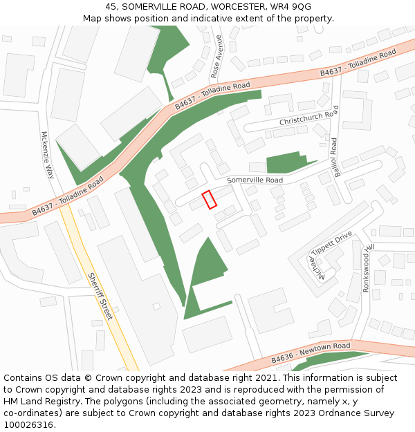 45, SOMERVILLE ROAD, WORCESTER, WR4 9QG: Location map and indicative extent of plot