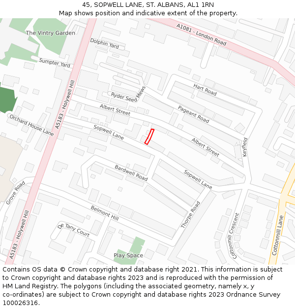 45, SOPWELL LANE, ST. ALBANS, AL1 1RN: Location map and indicative extent of plot