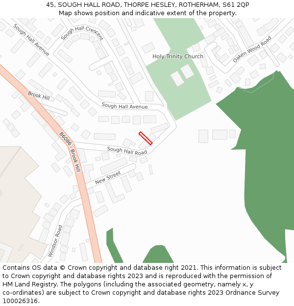 45, SOUGH HALL ROAD, THORPE HESLEY, ROTHERHAM, S61 2QP: Location map and indicative extent of plot