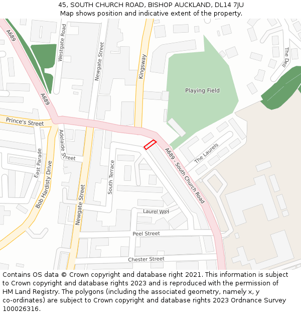45, SOUTH CHURCH ROAD, BISHOP AUCKLAND, DL14 7JU: Location map and indicative extent of plot