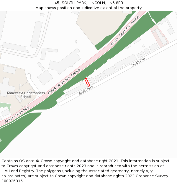 45, SOUTH PARK, LINCOLN, LN5 8ER: Location map and indicative extent of plot