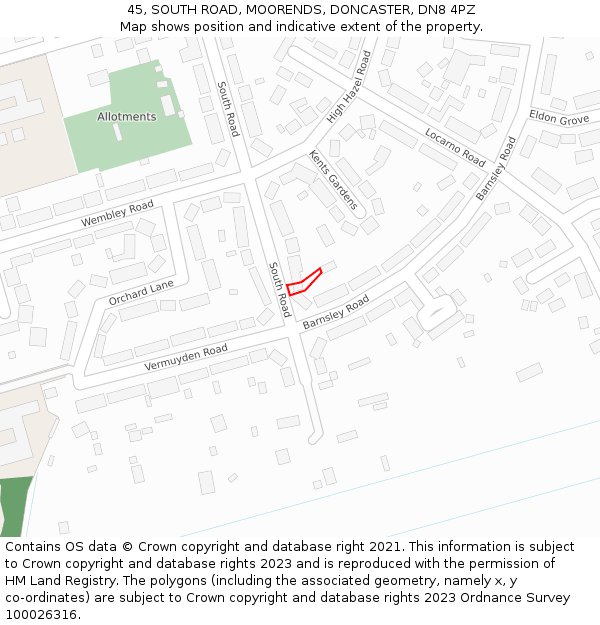 45, SOUTH ROAD, MOORENDS, DONCASTER, DN8 4PZ: Location map and indicative extent of plot