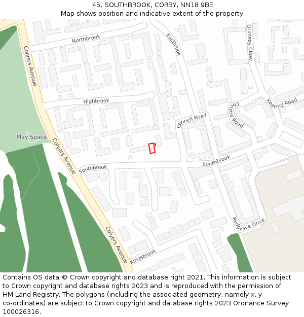 45, SOUTHBROOK, CORBY, NN18 9BE: Location map and indicative extent of plot