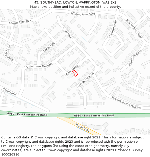45, SOUTHMEAD, LOWTON, WARRINGTON, WA3 2XE: Location map and indicative extent of plot
