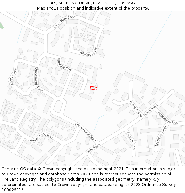 45, SPERLING DRIVE, HAVERHILL, CB9 9SG: Location map and indicative extent of plot