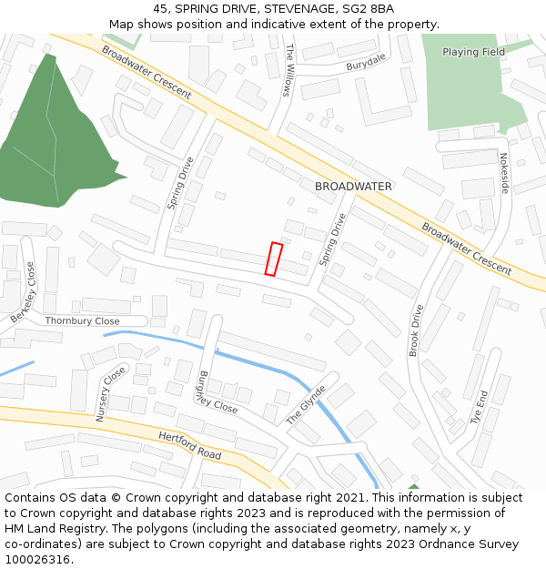 45, SPRING DRIVE, STEVENAGE, SG2 8BA: Location map and indicative extent of plot