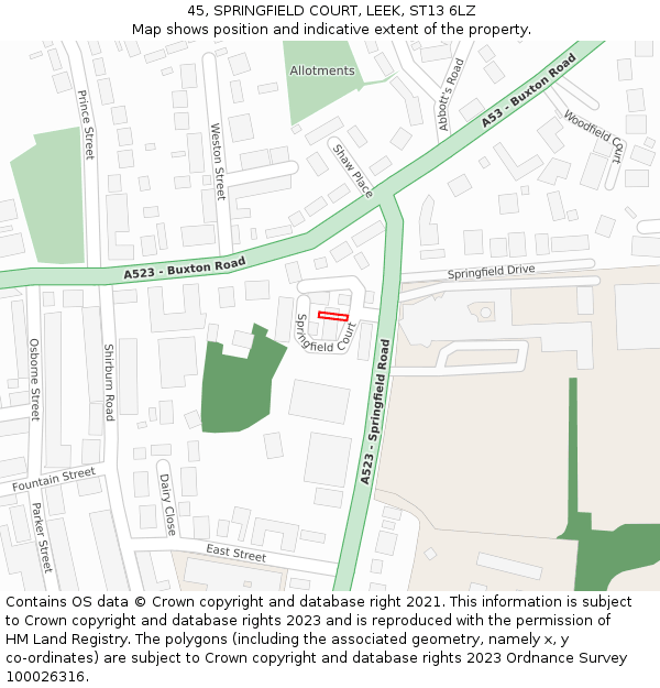 45, SPRINGFIELD COURT, LEEK, ST13 6LZ: Location map and indicative extent of plot