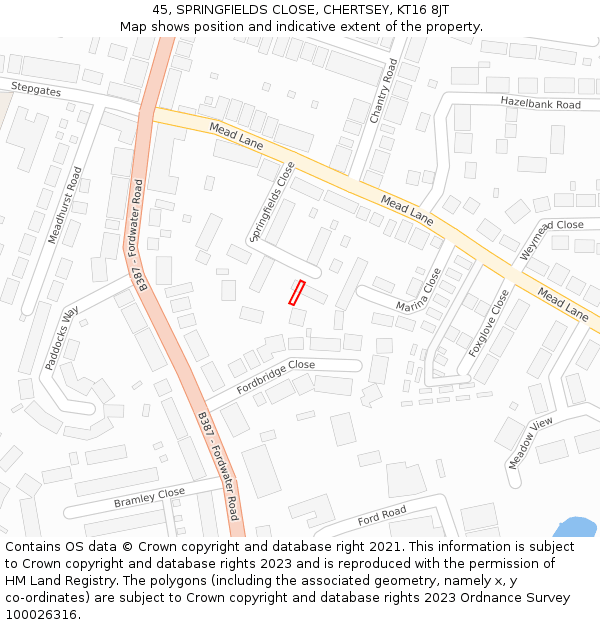 45, SPRINGFIELDS CLOSE, CHERTSEY, KT16 8JT: Location map and indicative extent of plot