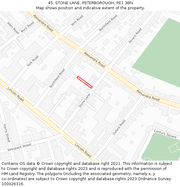 45, STONE LANE, PETERBOROUGH, PE1 3BN: Location map and indicative extent of plot