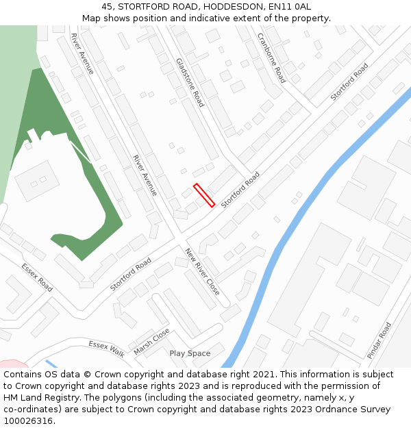 45, STORTFORD ROAD, HODDESDON, EN11 0AL: Location map and indicative extent of plot