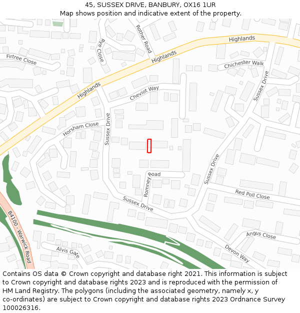 45, SUSSEX DRIVE, BANBURY, OX16 1UR: Location map and indicative extent of plot