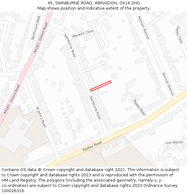 45, SWINBURNE ROAD, ABINGDON, OX14 2HG: Location map and indicative extent of plot