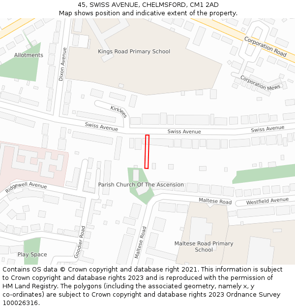 45, SWISS AVENUE, CHELMSFORD, CM1 2AD: Location map and indicative extent of plot
