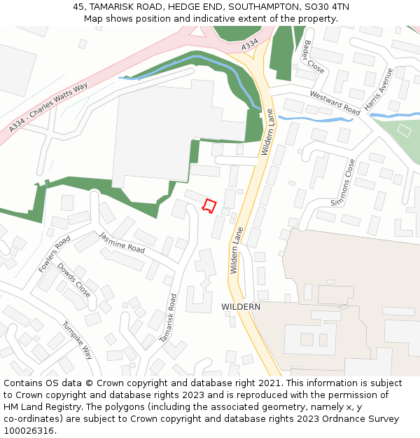 45, TAMARISK ROAD, HEDGE END, SOUTHAMPTON, SO30 4TN: Location map and indicative extent of plot