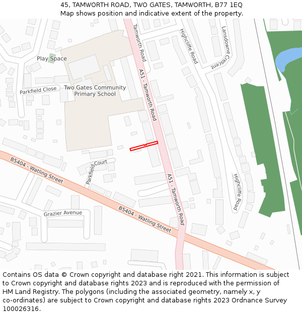 45, TAMWORTH ROAD, TWO GATES, TAMWORTH, B77 1EQ: Location map and indicative extent of plot