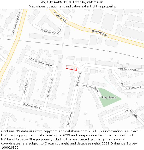 45, THE AVENUE, BILLERICAY, CM12 9HG: Location map and indicative extent of plot