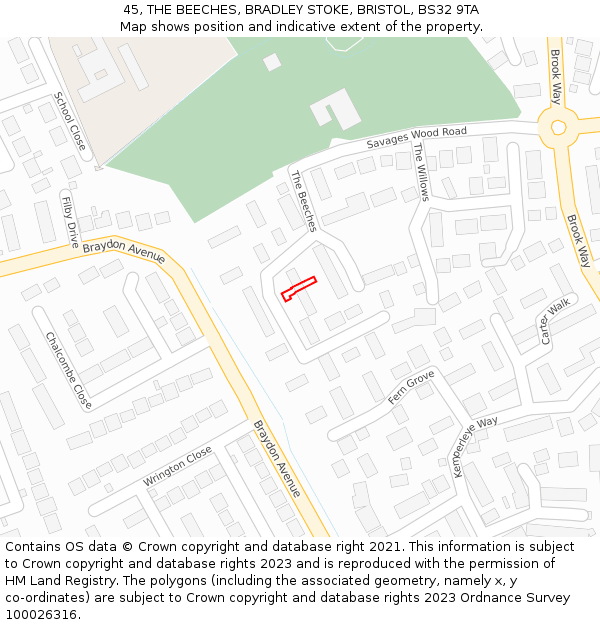 45, THE BEECHES, BRADLEY STOKE, BRISTOL, BS32 9TA: Location map and indicative extent of plot