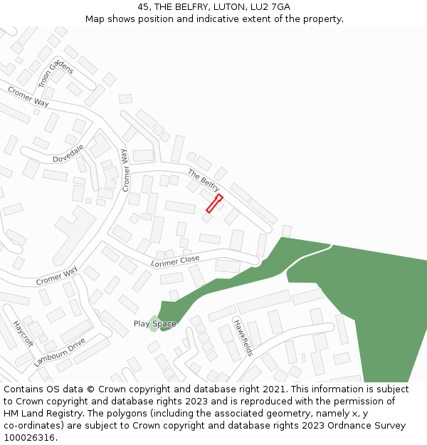45, THE BELFRY, LUTON, LU2 7GA: Location map and indicative extent of plot