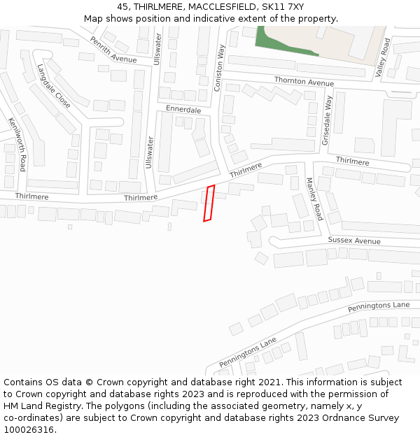 45, THIRLMERE, MACCLESFIELD, SK11 7XY: Location map and indicative extent of plot