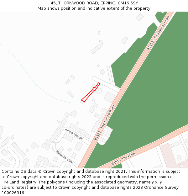 45, THORNWOOD ROAD, EPPING, CM16 6SY: Location map and indicative extent of plot